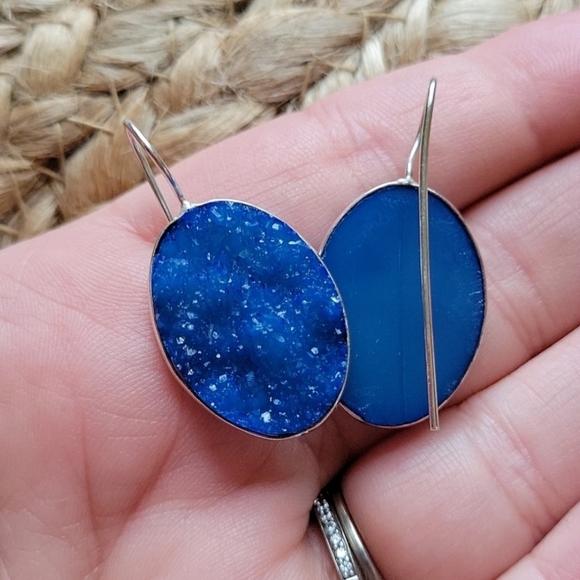 Lapis Blue Druzy Stone Silver Tone New Age Drop Wire Earrings - Picture 4 of 4
